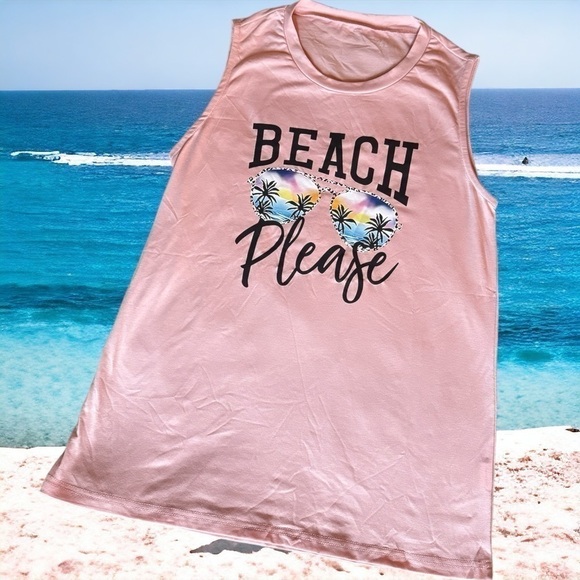 Tops - Woman's Beach Print Crew Neck Tank Top, Casual Sleeveless Tank Top (new)